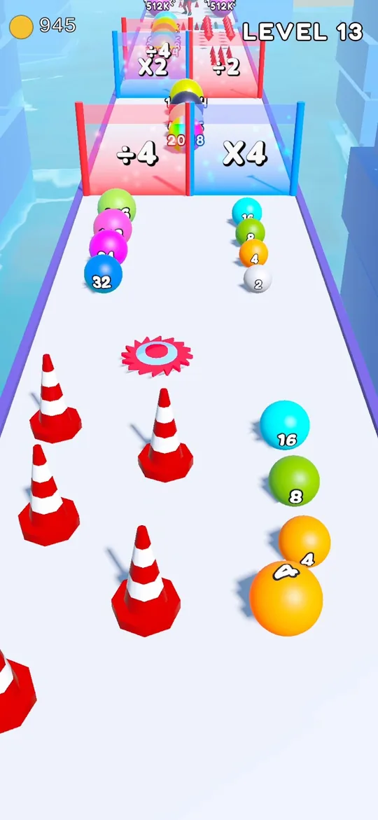 BGH Ball Run 2048: balls rolling through multiplier gates past traffic cones