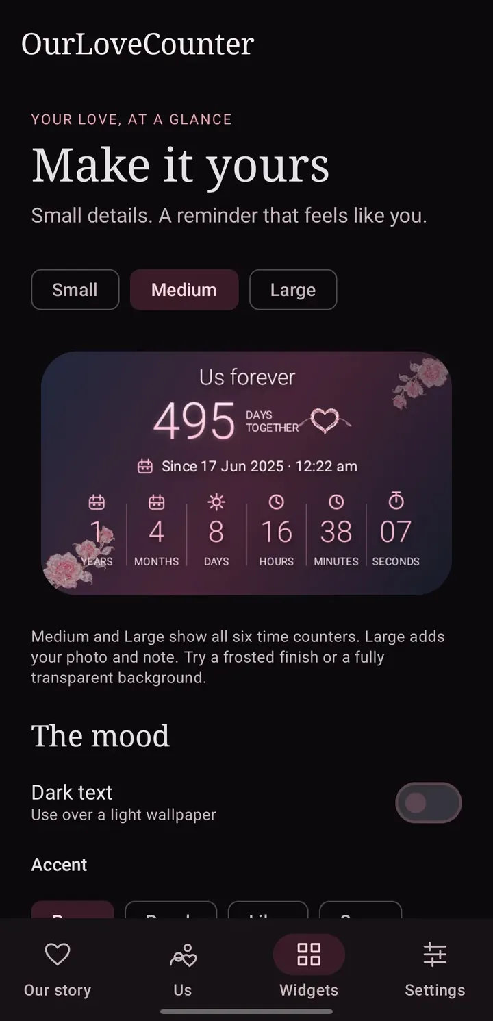 OurLoveCounter's widget settings with a medium counter widget preview