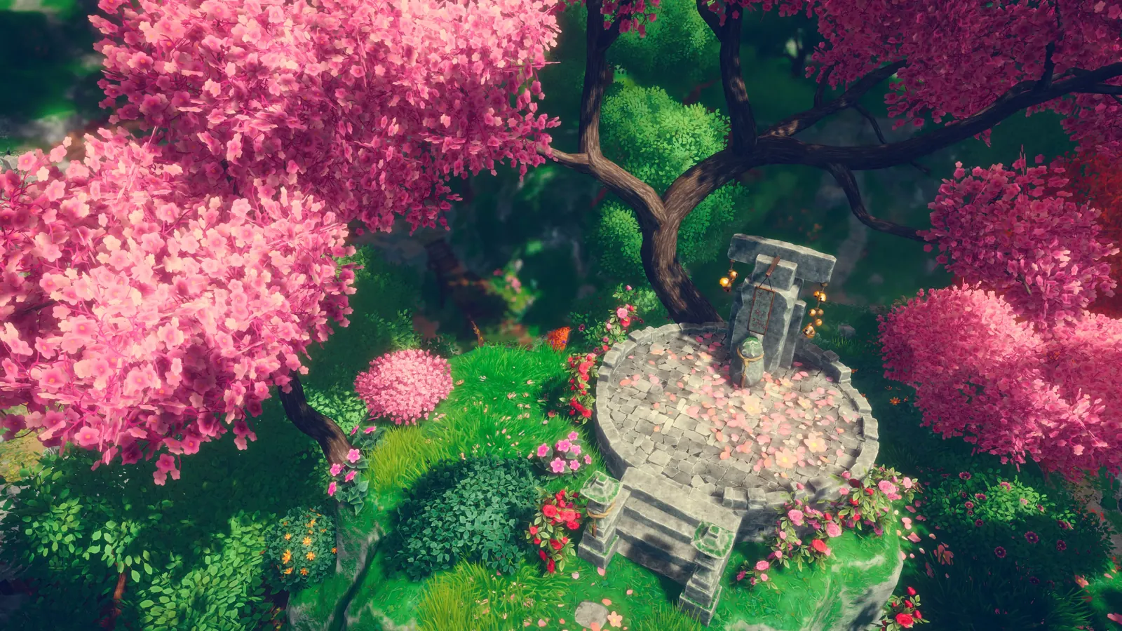 A stone shrine under pink blossom trees, from Remnants