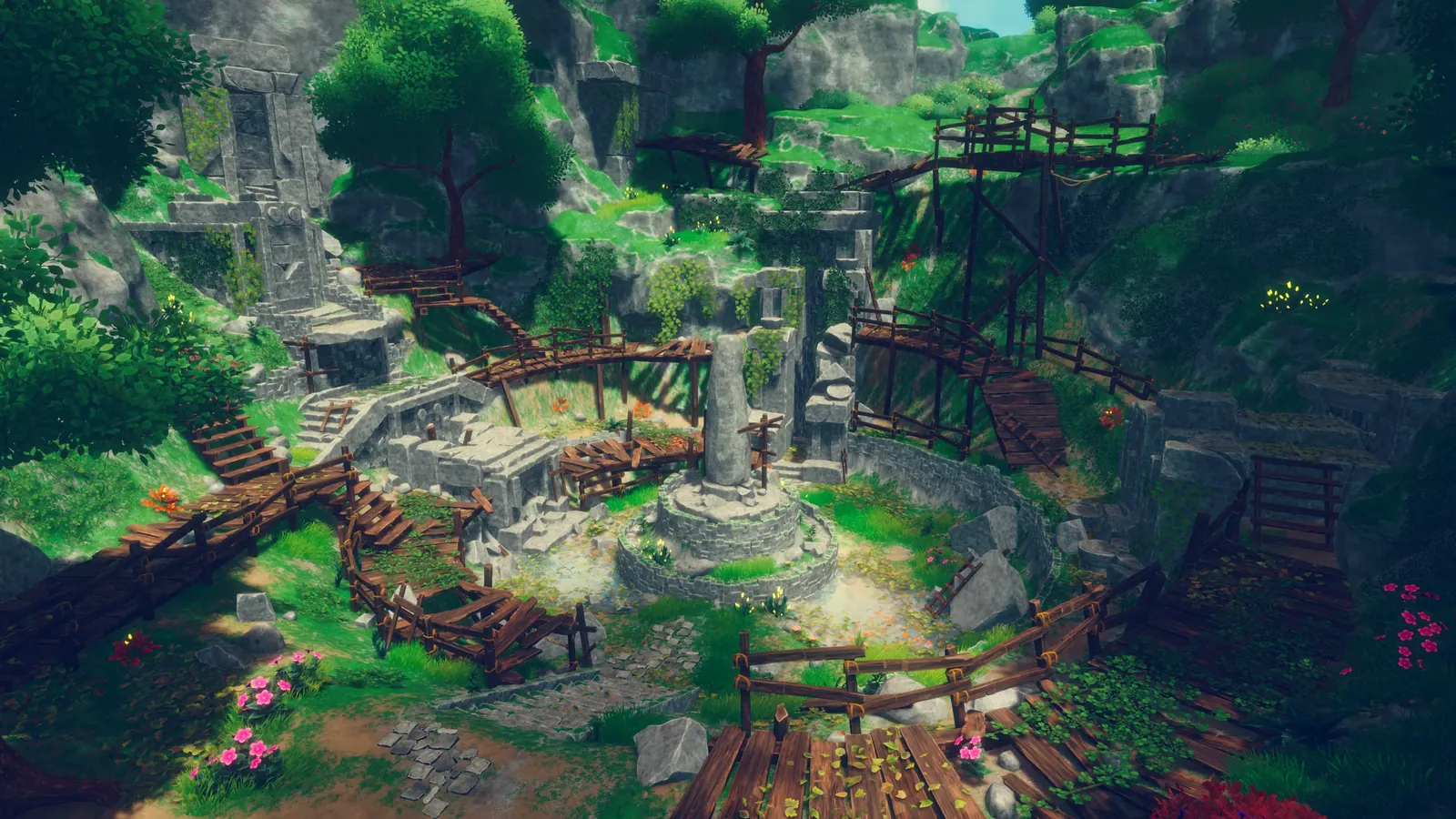 Overgrown stone ruins with wooden walkways, from Remnants