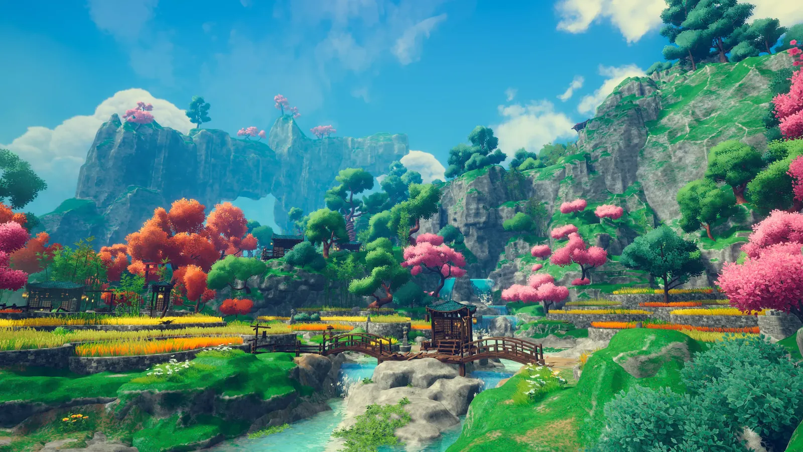 A sunny valley with cliffs, flower fields and a wooden bridge, from Remnants